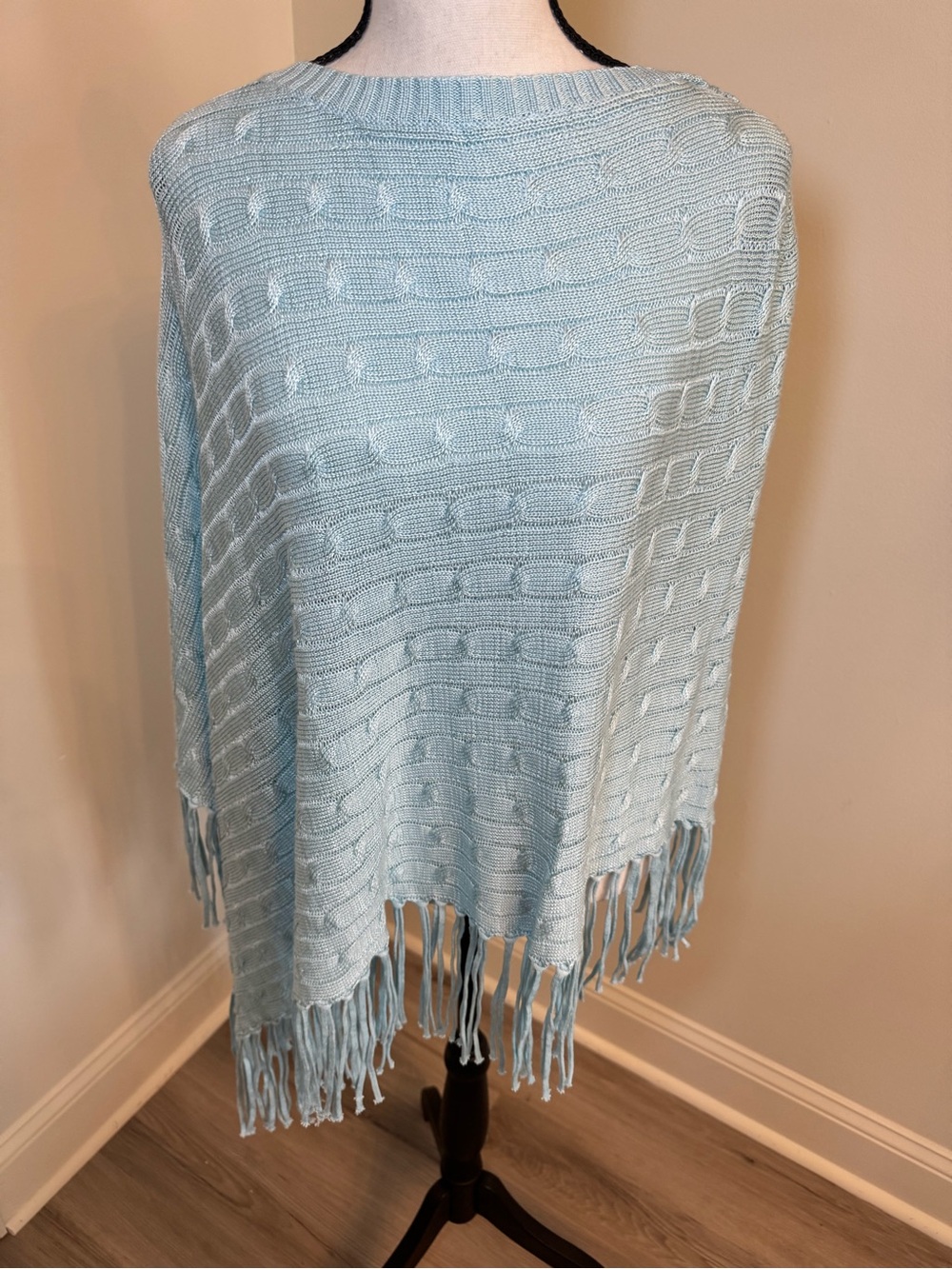 Light Blue Knit Fringe Poncho Wrap - Casual Layering Scarf